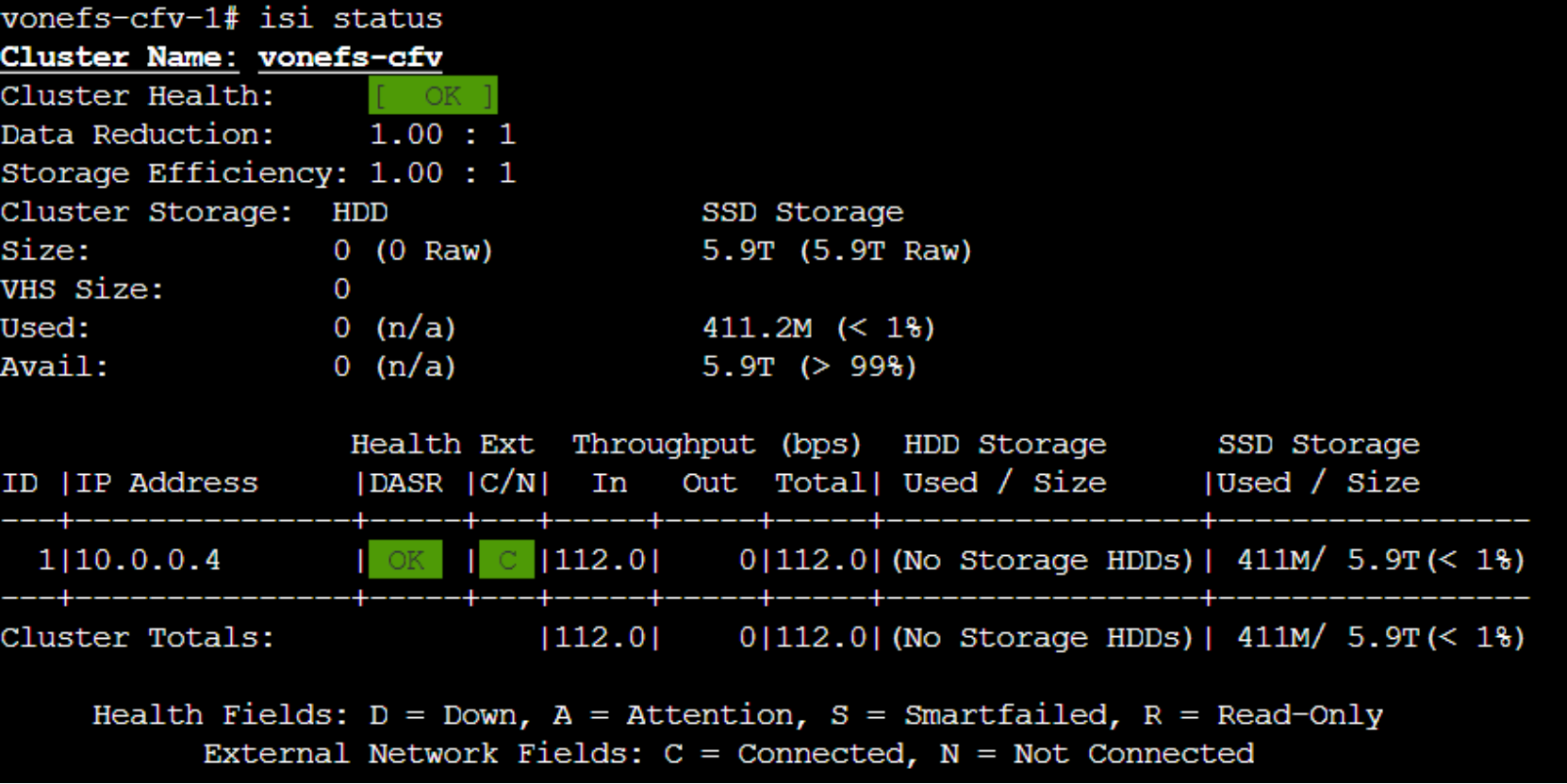 This figure shows the first node status using the isi status command.