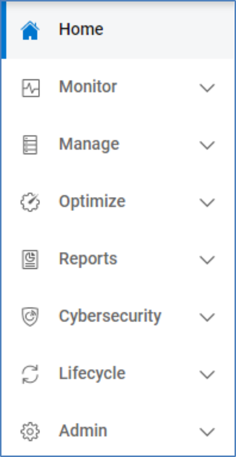 Left navigation menu showing Home, Monitor, Manage, Optimize, Reports, Cybersecurity, Lifecycle, and Admin.