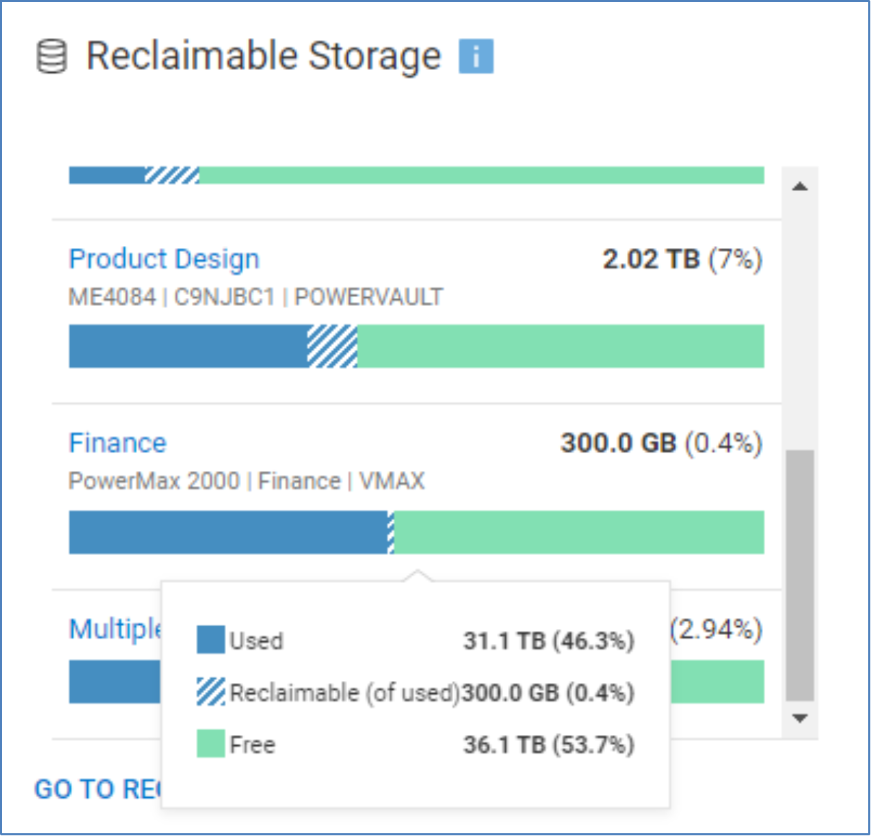 Reclaimable Storage tile showing amount of storage that has been identified as reclaimable.