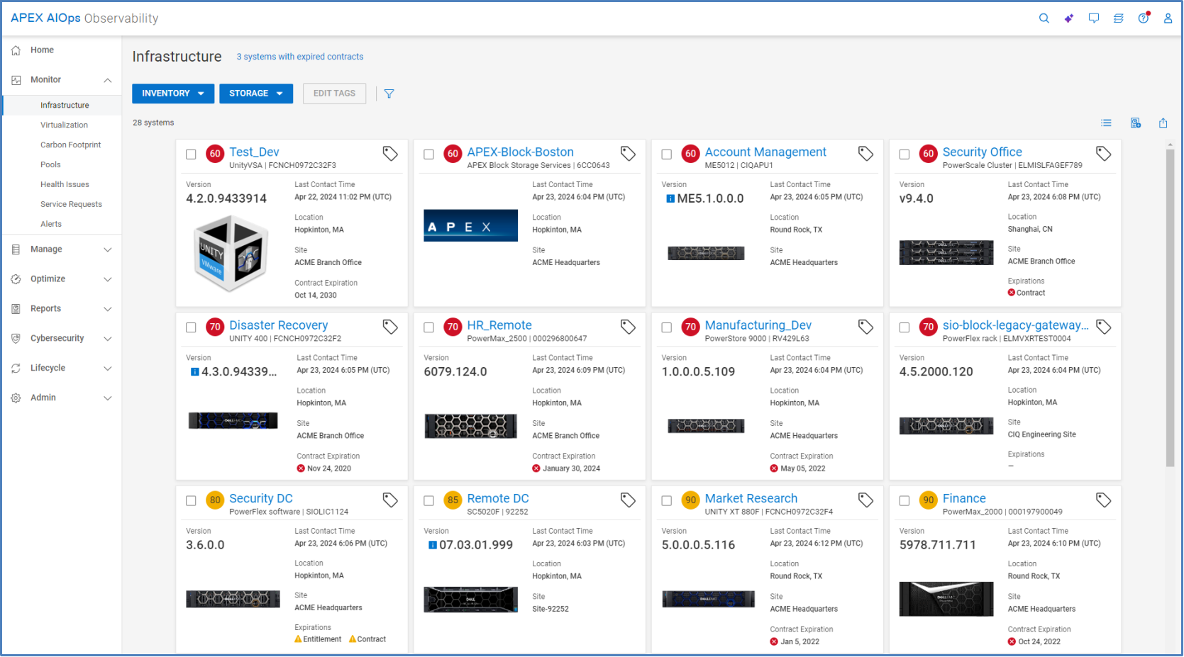 Multisystem view for storage inventory. Cards shown for each system with its version, last contact time, location, site, and contract status.