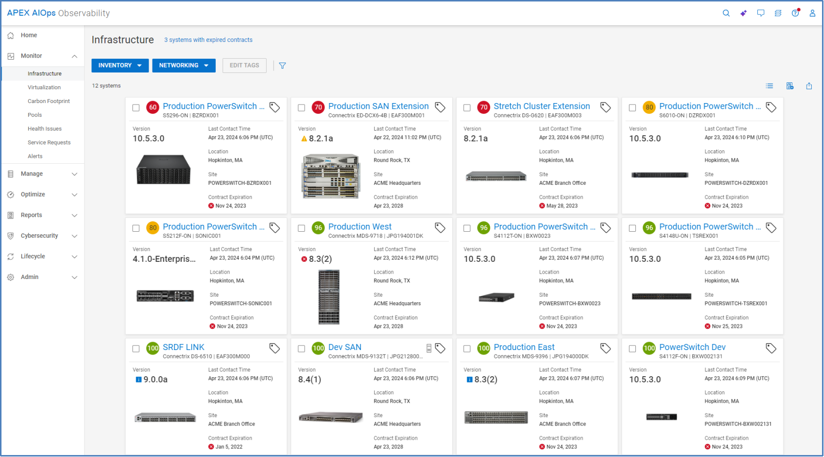 Multisystem view for network inventory. Cards shown for each system with its version, last contact time, location, site, and contract status.