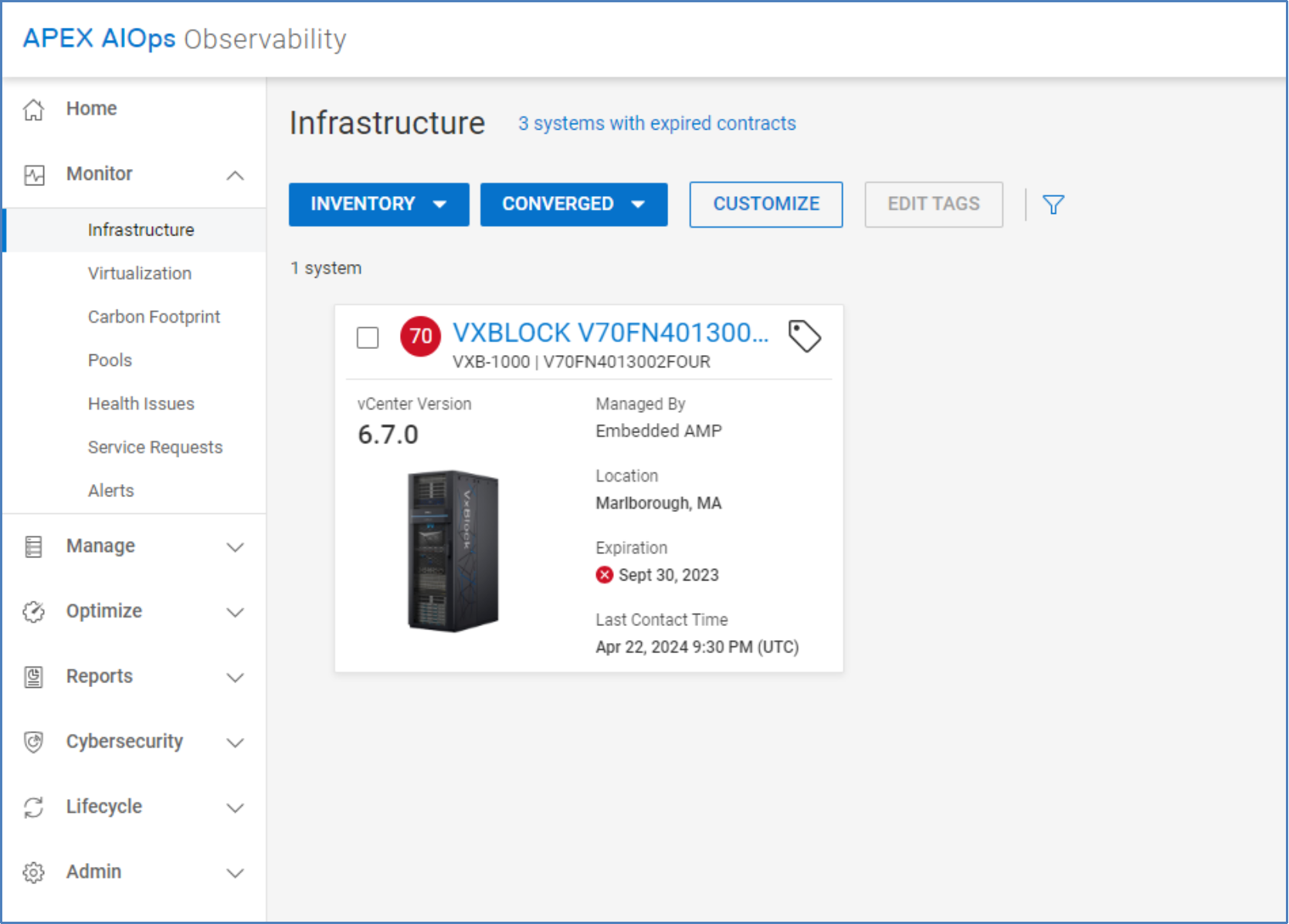 Multisystem view for converged inventory. Card shown for each system with its version, last contact time, location, and contract status.