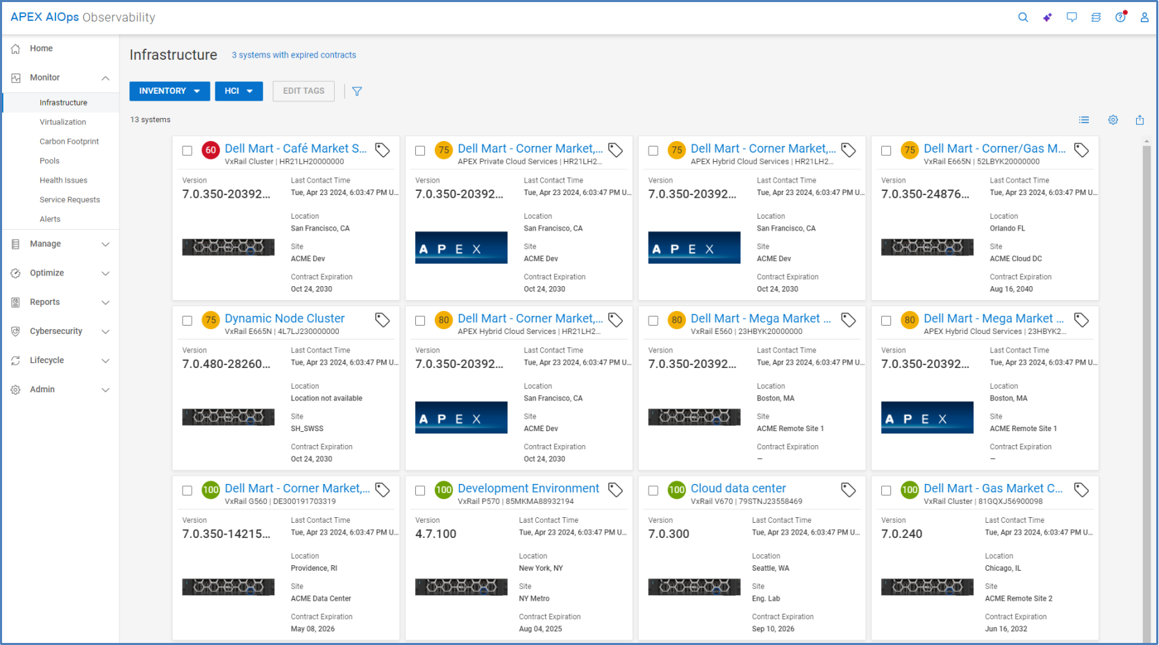 Multisystem view for hyperconverged inventory. Cards shown for each system with its version, last contact time, location, site, and contract status.