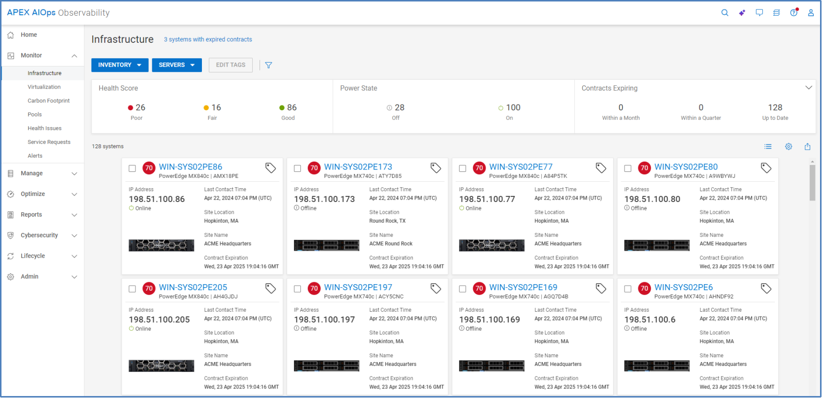 Multisystem view for server inventory. Cards shown for each system with its network address, power status, last contact time, location, site, and contract status.