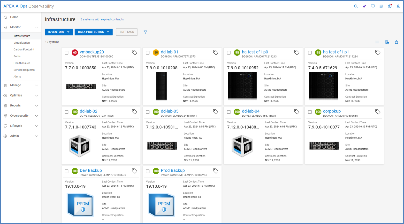 Multisystem view for data protection inventory. Cards shown for each system with its version, last contact time, location, site, and contract status.