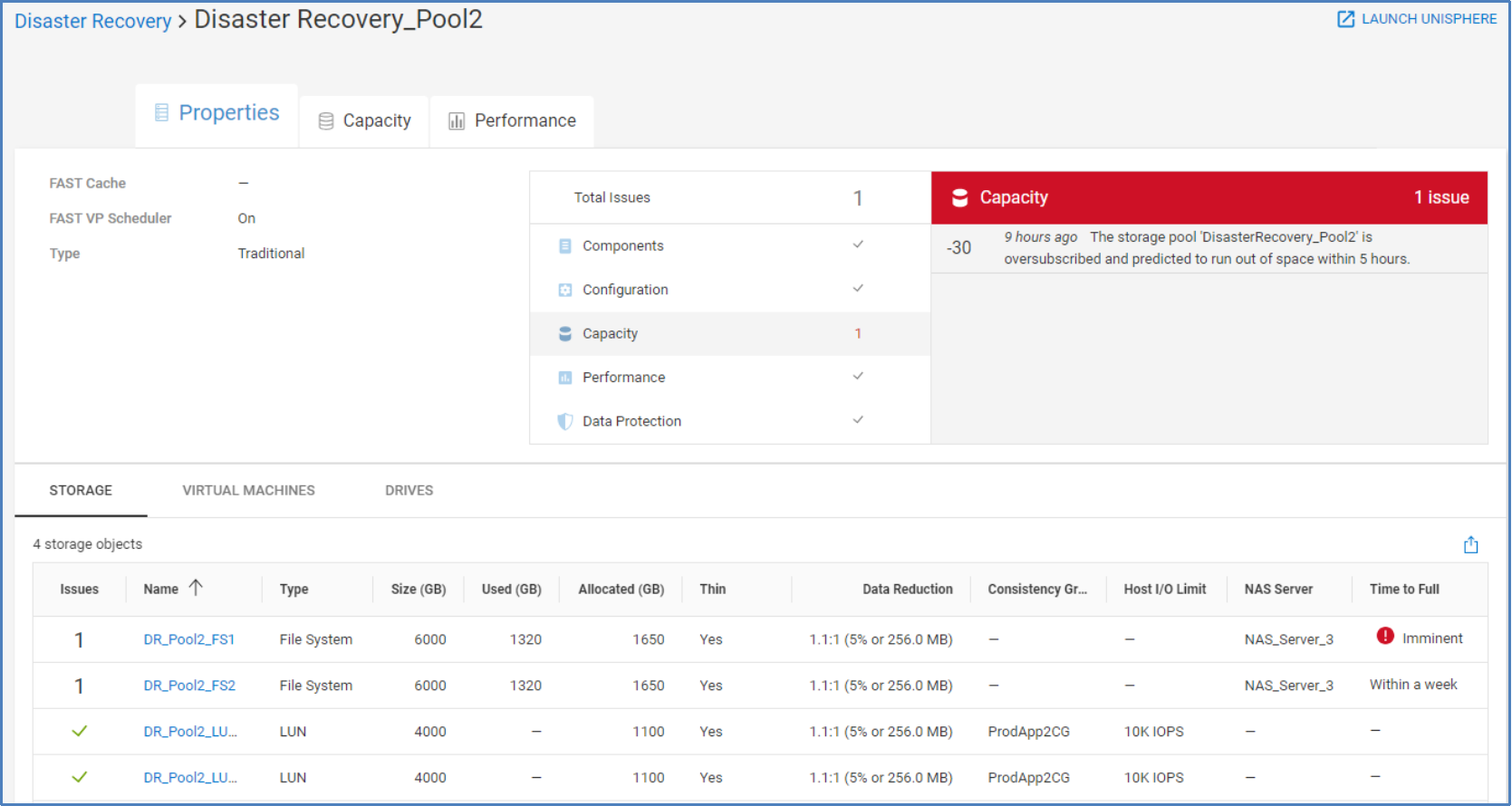 Pool details page showing the Properties tab of a Unity XT pool. Information displayed includes any related health issues, the Storage tab, Virtual Machines tab, and Drives tab.