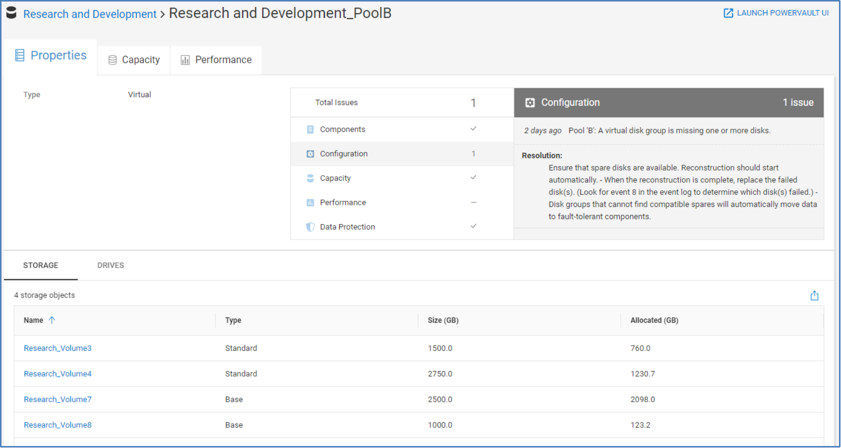 Pool details page showing the Properties tab for a PowerVault pool.  Information displayed includes any related health issues, the Storage tab, and the Drives tab.