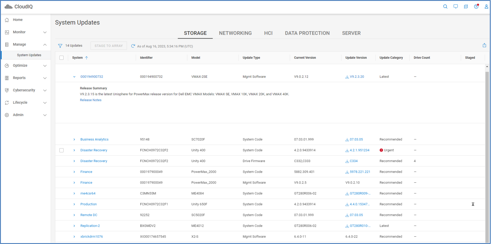 Storage tab in the Systems Updates page showing a list of systems with available updates and the details of one system update with a link to the release notes.