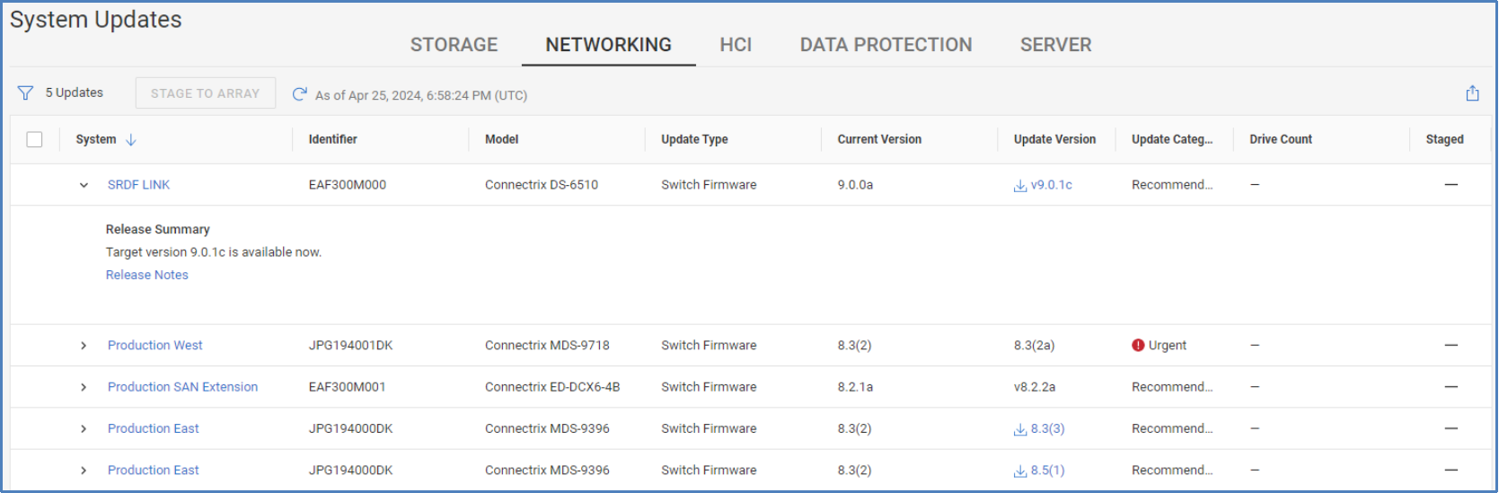 Networking tab in the System Updates page showing available updates for Connectrix devices and a link to download the update.