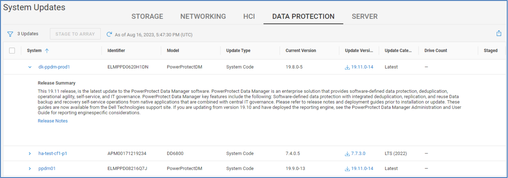 Data Protection tab in System Updates page showing available updates for both PowerProtect DD and PowerProtect DM.