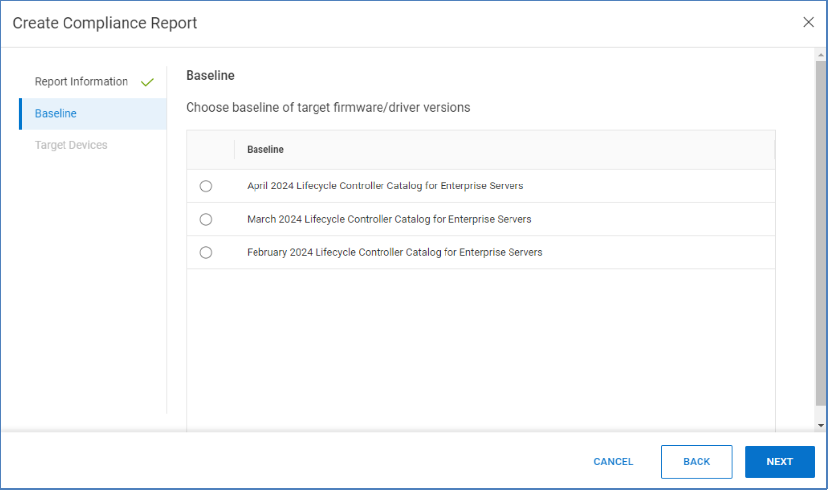 Create Compliance Report window that allows users to generate a report of current server firmware and driver versions to a selected baseline.