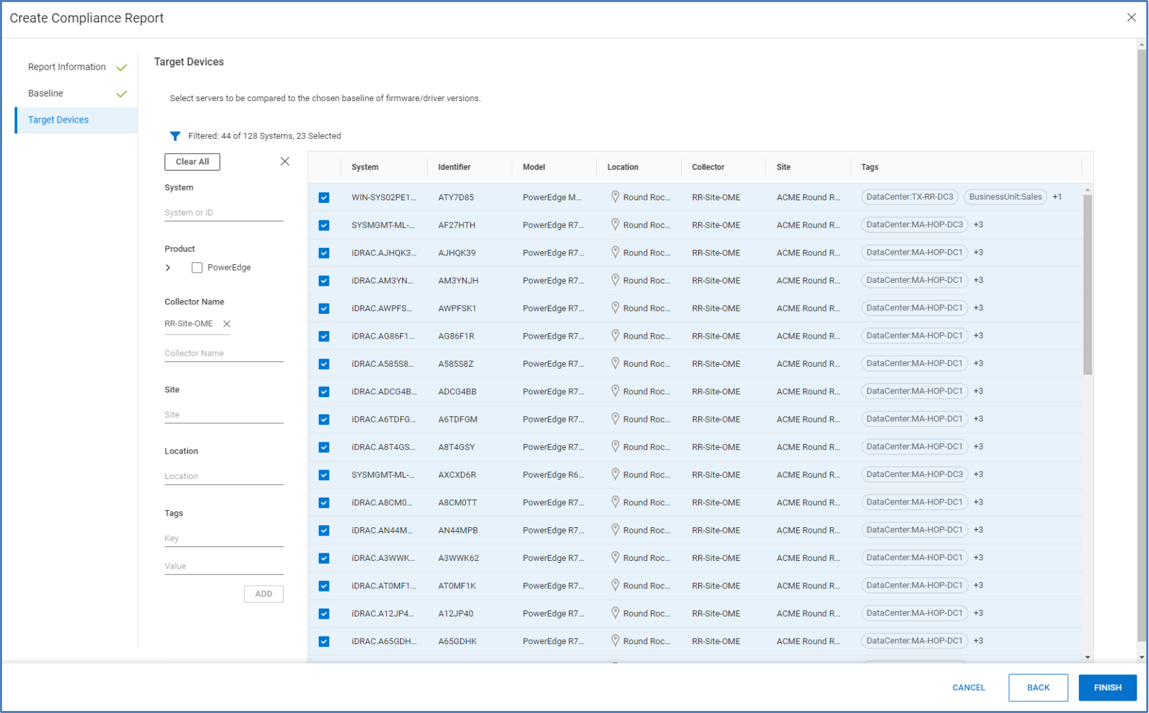 Window showing the Target Devices step in the create compliance report process. This step is where the user chooses which PowerEdge devices to include in the report.