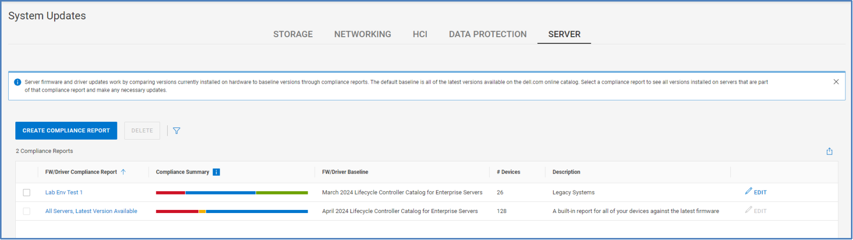 Server tab in the System Updates page showing available compliance reports.