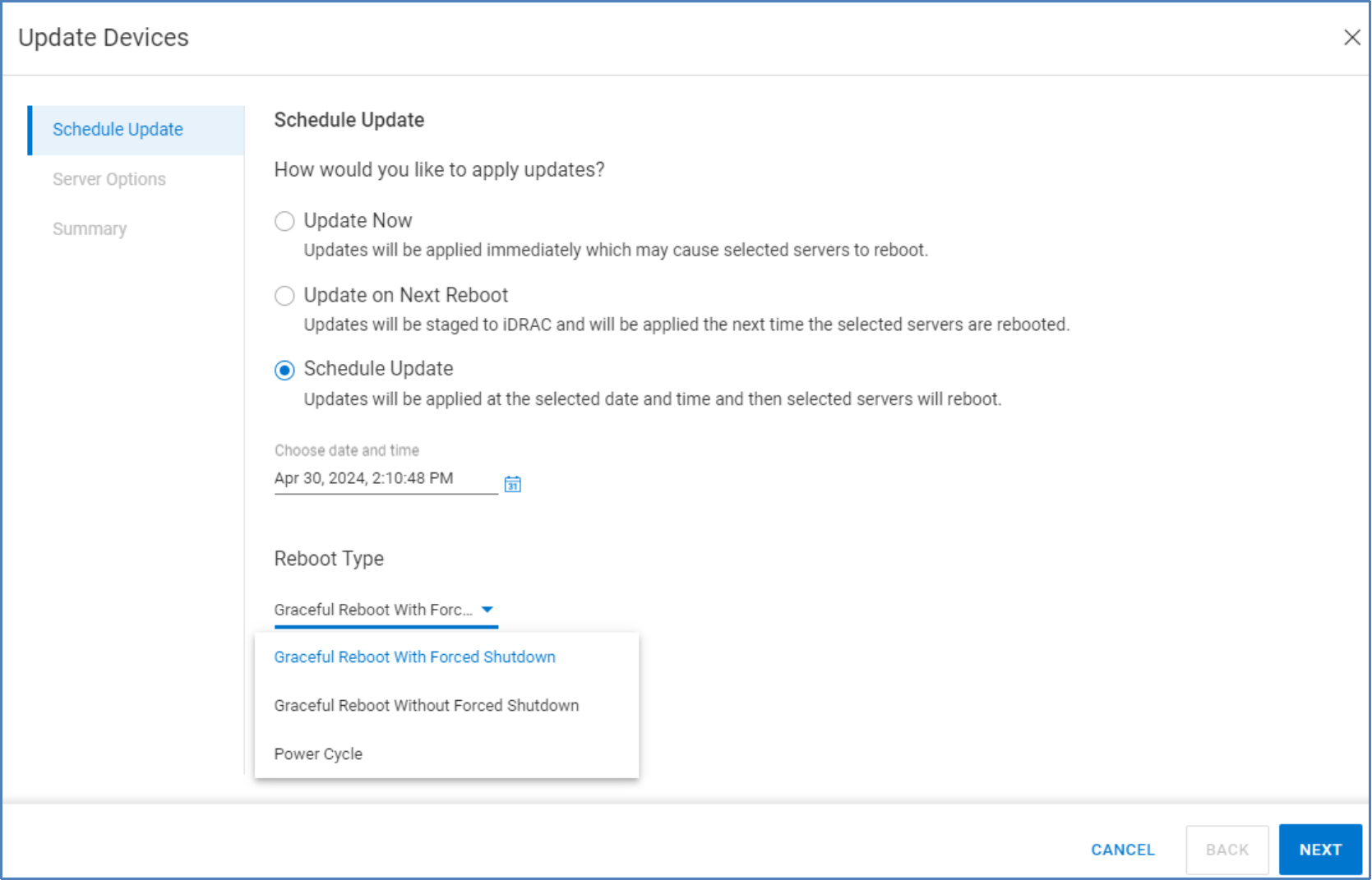 Schedule Update step in the update devices procedure for PowerEdge server updates.