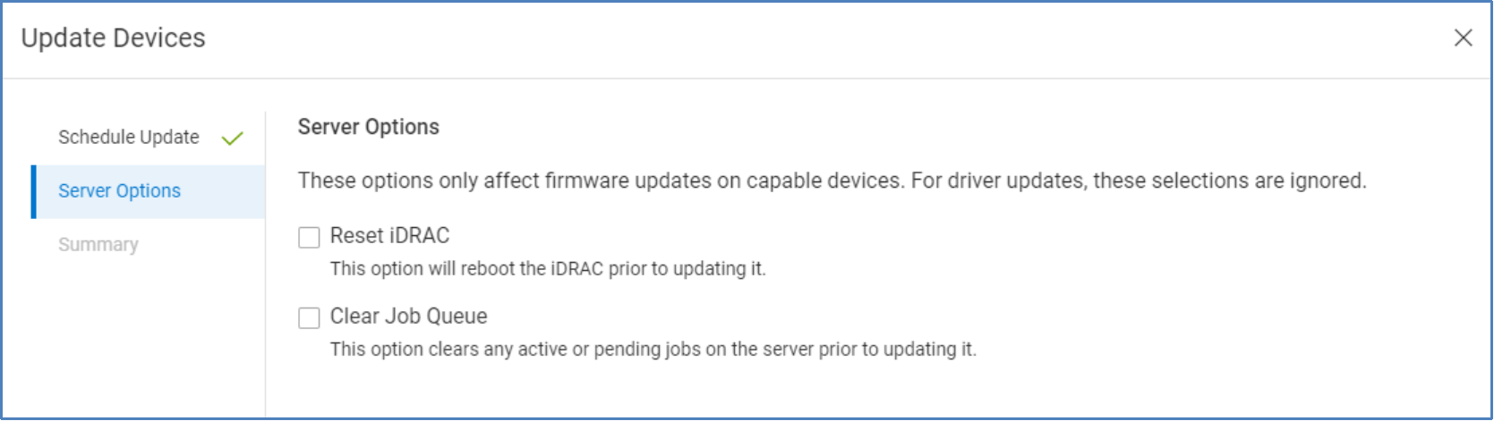 Server options step in the update devices procedure for PowerEdge servers. Options include reset iDRAC and clear job queue.