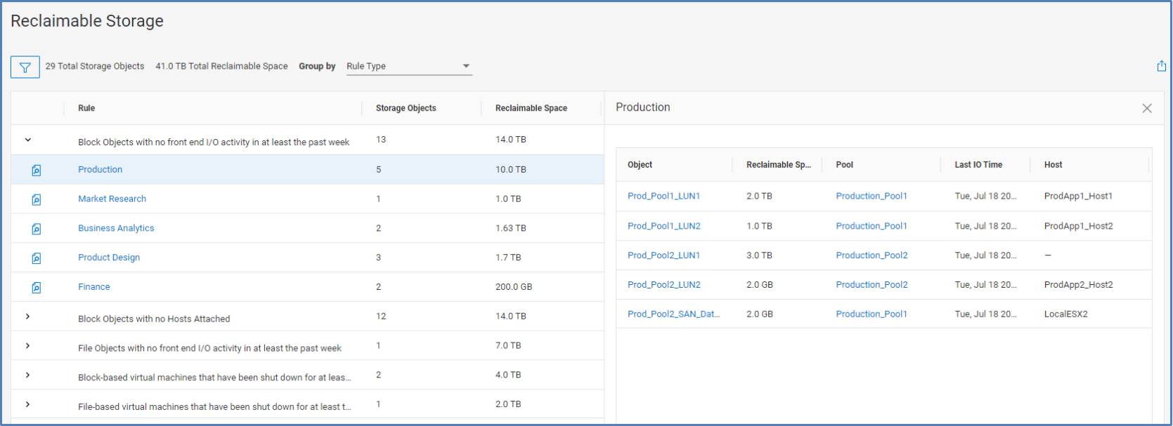 Reclaimable storage page sorted by Group by rule type listing objects in each reclaimable storage rule.