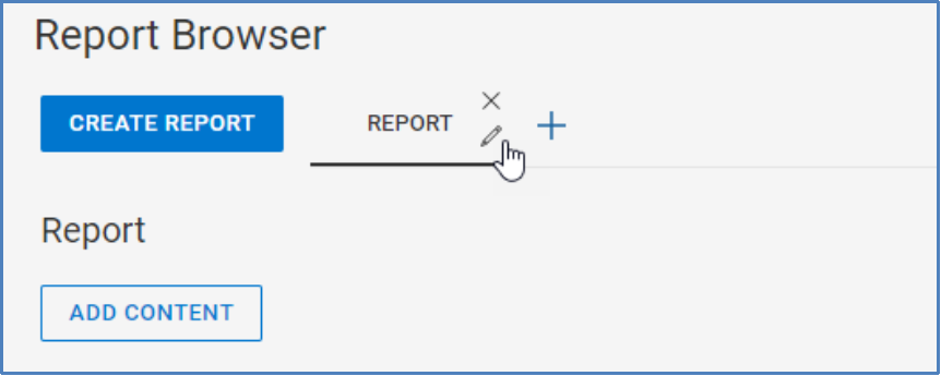 A new empty report created in the report browser along with the Add Content button.