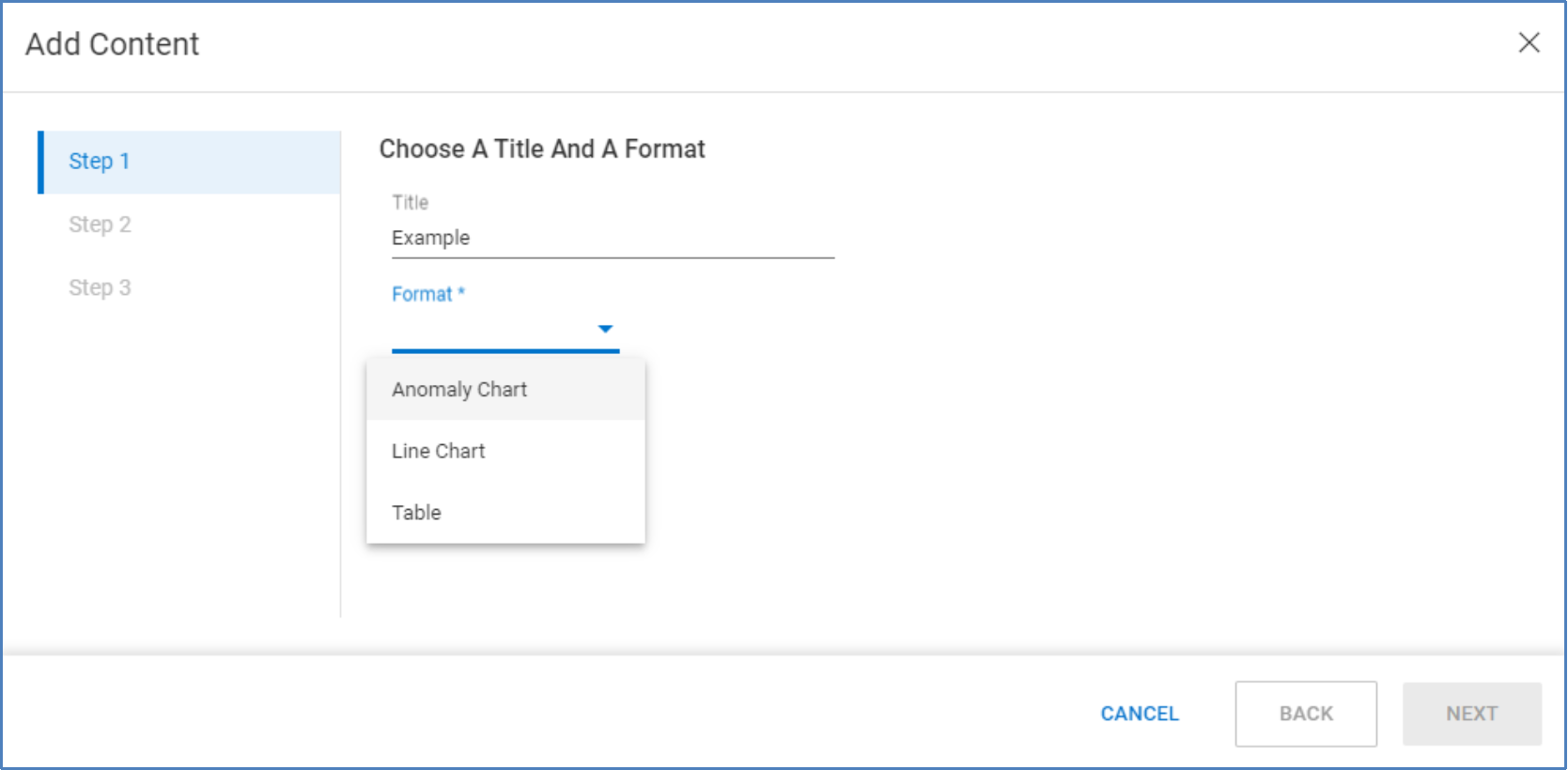 Step one of adding content to a report. Includes providing a content title and selecting the report format of anomaly chart, line chart, or table.