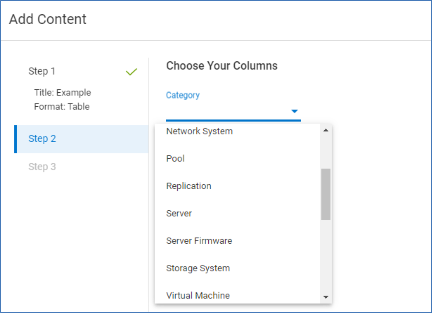 Step 2 of adding content for a table. User chooses a category.