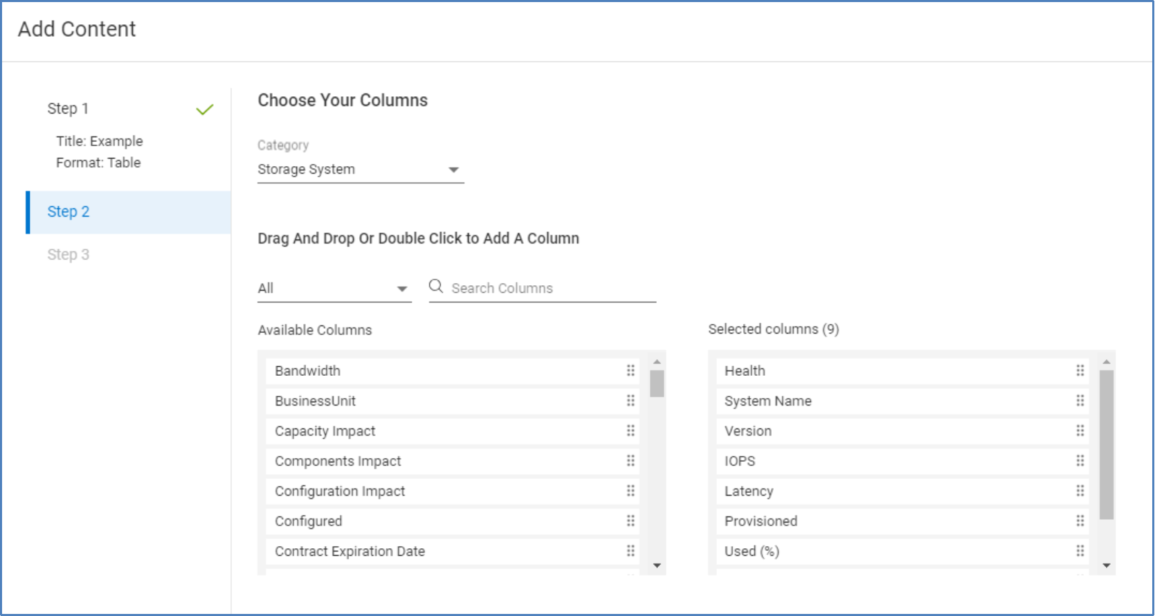 Once a category is chosen, user chooses which columns to include in the table.