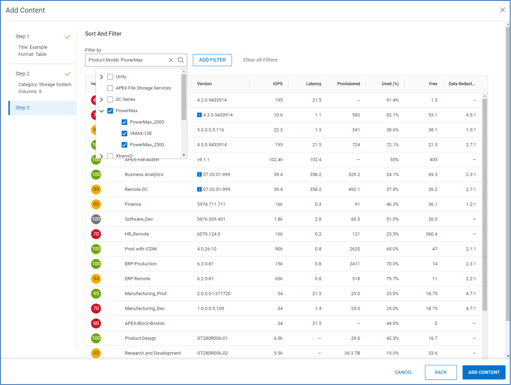 Step 3 of adding content for a table. User can set up filters and is provided a preview of the results.