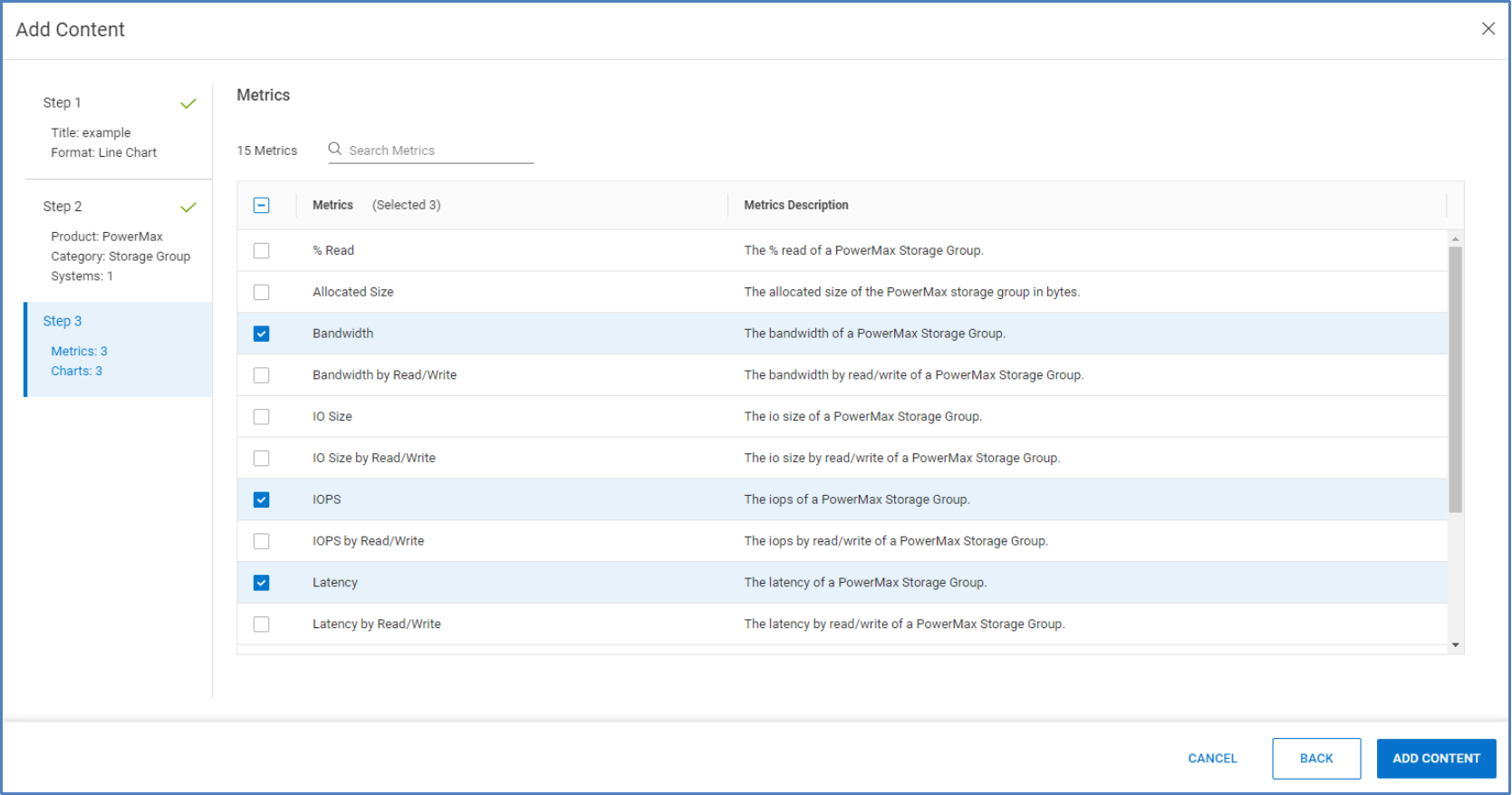 Step 3 of adding a line chart which includes selecting which metrics to include in the chart.