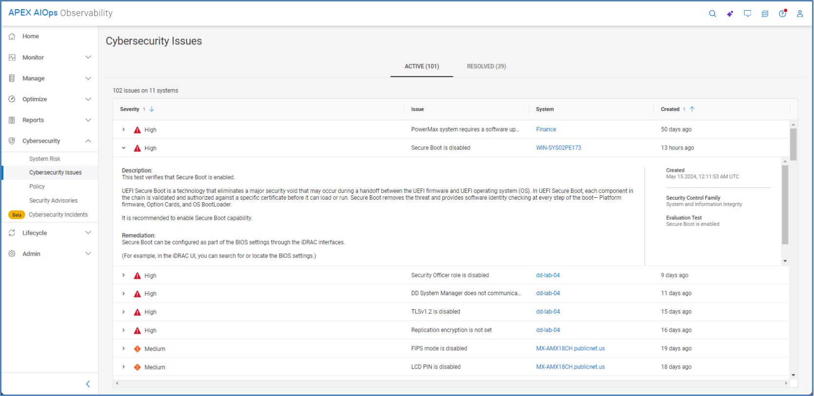 Active tab of the cybersecurity issues page listing each open cybersecurity configuration issue. The details of one issue is shown providing issue description, creation timestamp, and recommended remediation.