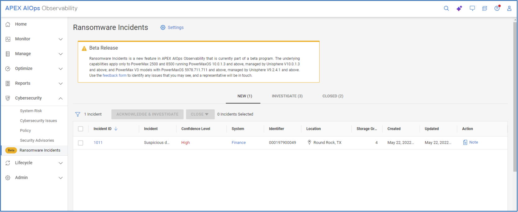 The New tab on the Ransomware Incidents page showing the list of new and unacknowledged incidents.