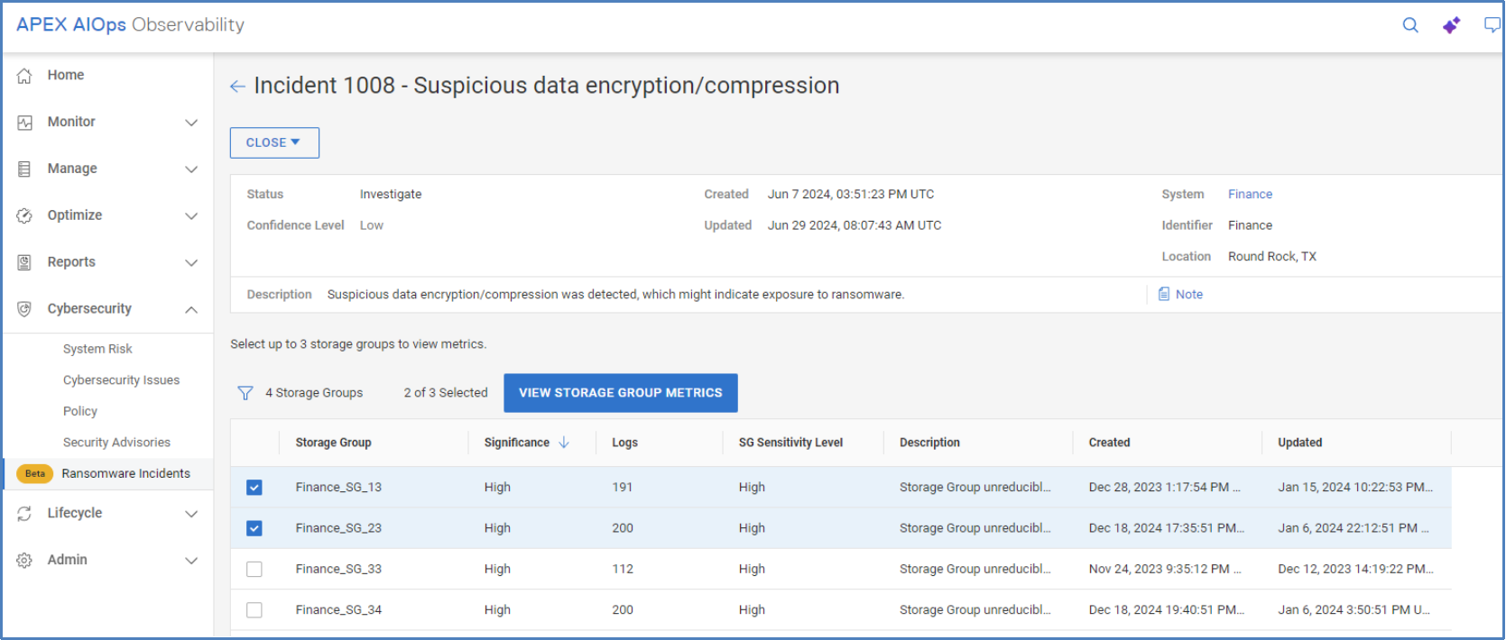 Listing of storage groups with identified anomalies. Storage group can be selected allowing users to view storage group metrics for different storage groups.