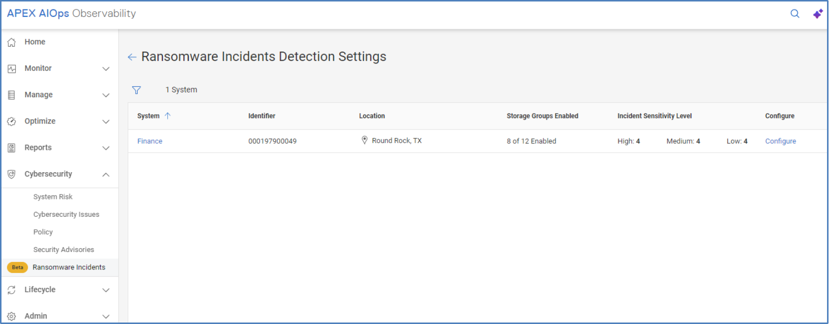 Ransomware Incidents Detection Settings page listing each applicable system along with a link to configure the detection settings.