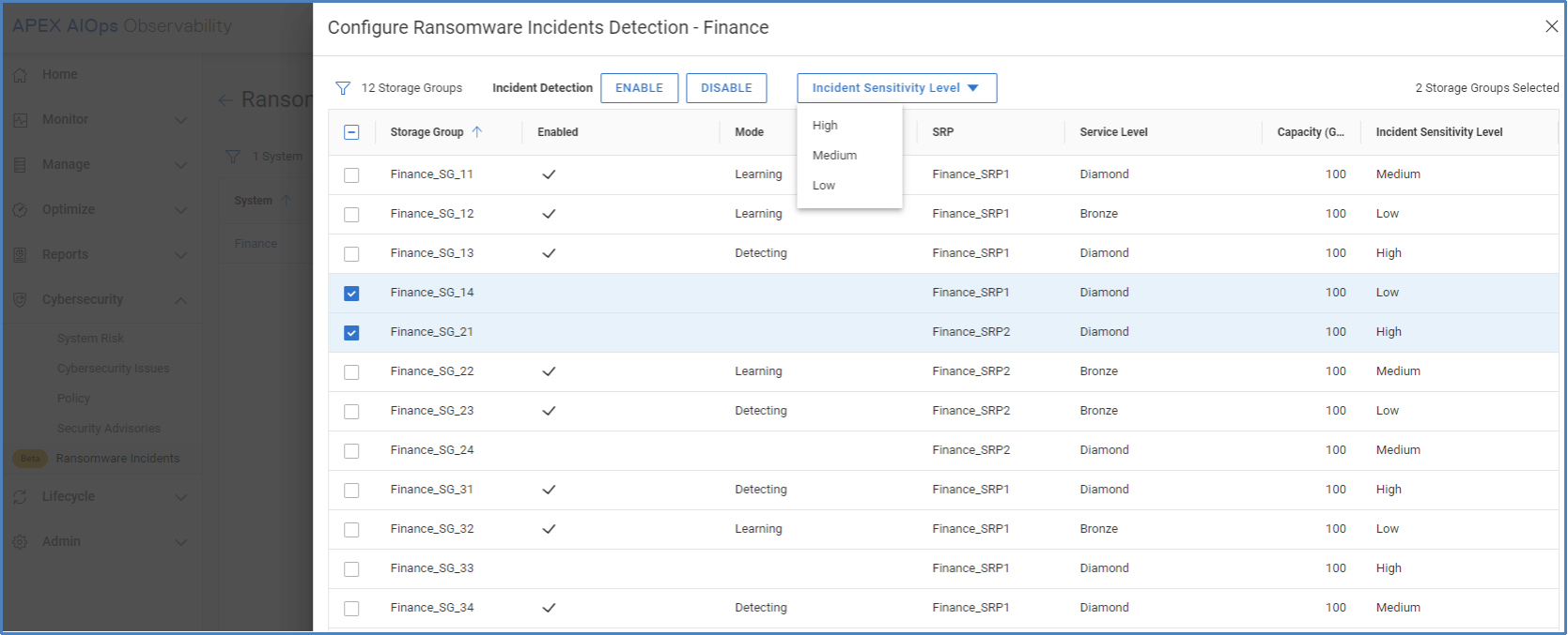 Configure Ransomware Incidents Detection page for a selected PowerMax system. User can select which storage groups to enable, see the detection mode, and configure the incident sensitivity level.