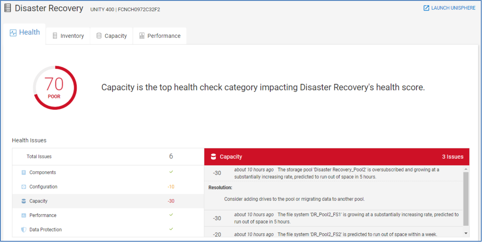 Health tab for a Unity XT system showing the proactive health score, each health issue, and the recommended remediation.