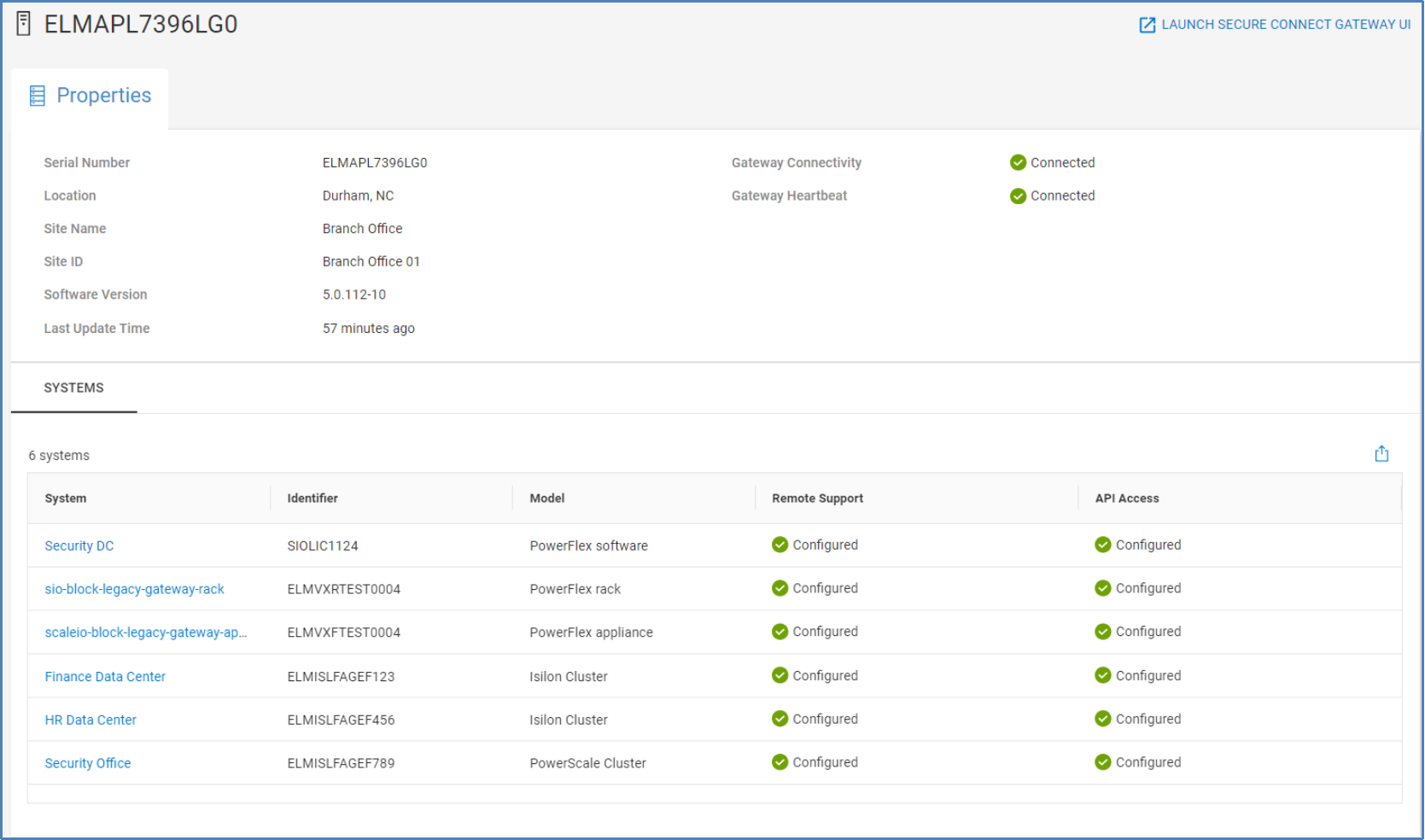 Properties tab for a Secure Connect Gateway showing properties of the gateway and which systems are sending data back to AIOPs Observability through it.