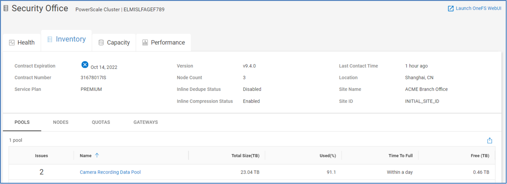 Inventory tab for an individual PowerScale cluster showing Pools, Nodes, Quotas, and Gateways tabs.