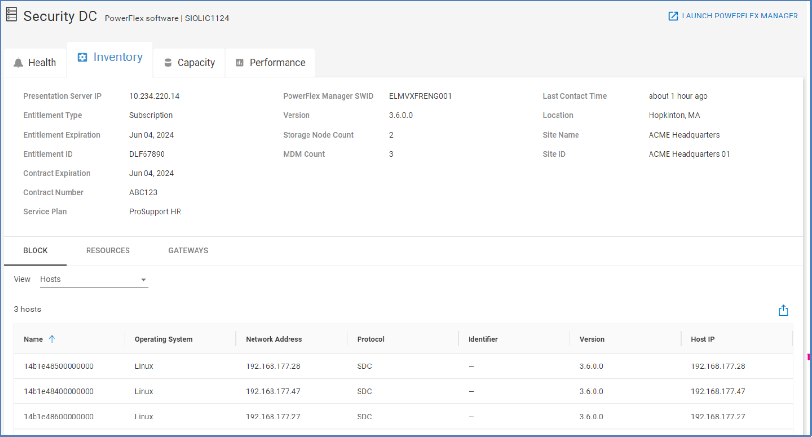 Inventory tab for a PowerFlex system showing Block, Resources, and Gateways tabs.