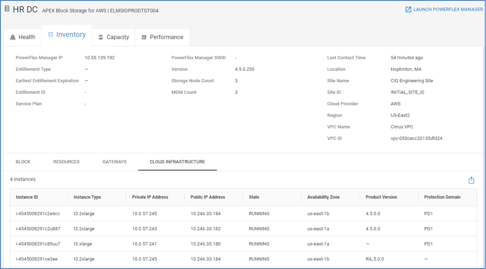 Inventory tab for Block Storage for AWS showing Block, Resources, Gateways, and Cloud Infrastructure tabs.