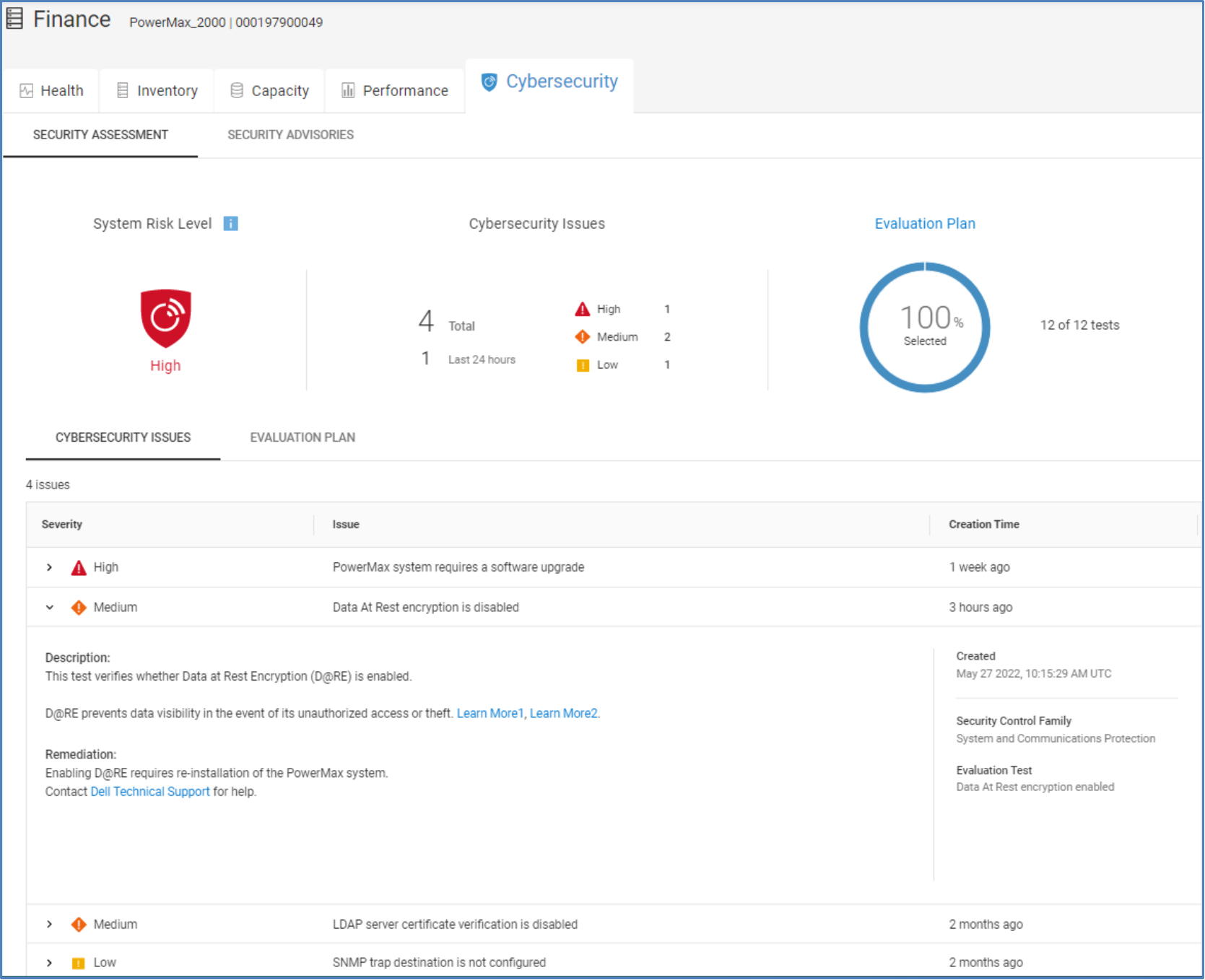 Cybersecurity tab for PowerMax system showing system security risk assessment, active issues, and recommended remediation.