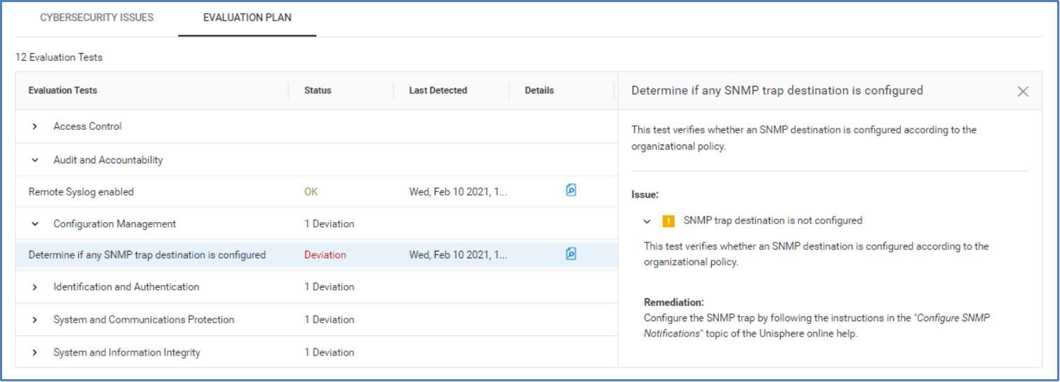 Evaluation plan tab under Cybersecurity tab for PowerMax listing out each possible test, status, detection timestamp, and remediation.