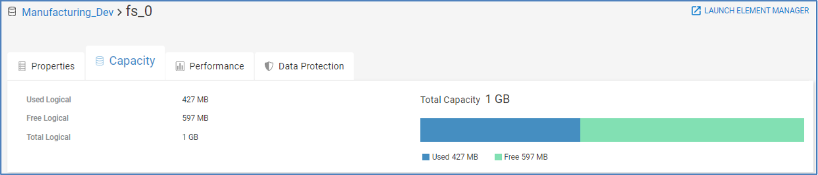 Capacity tab for PowerStore file system showing total, used, and free logical capacity.