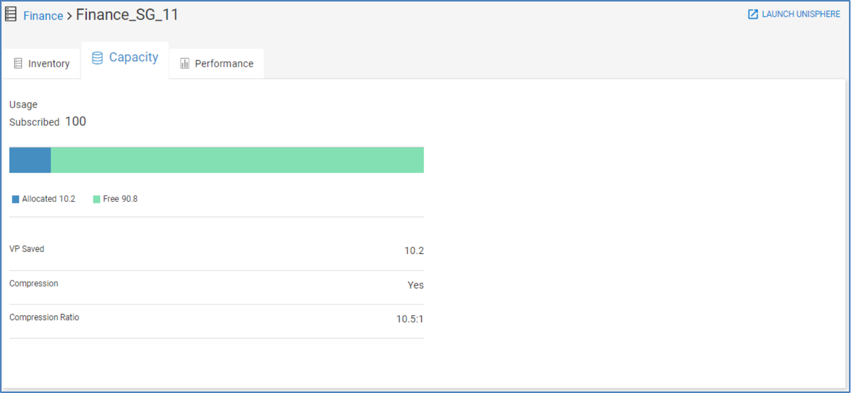 Capacity tab for a storage group showing used, free, data reduction ratio, and unreducible data.