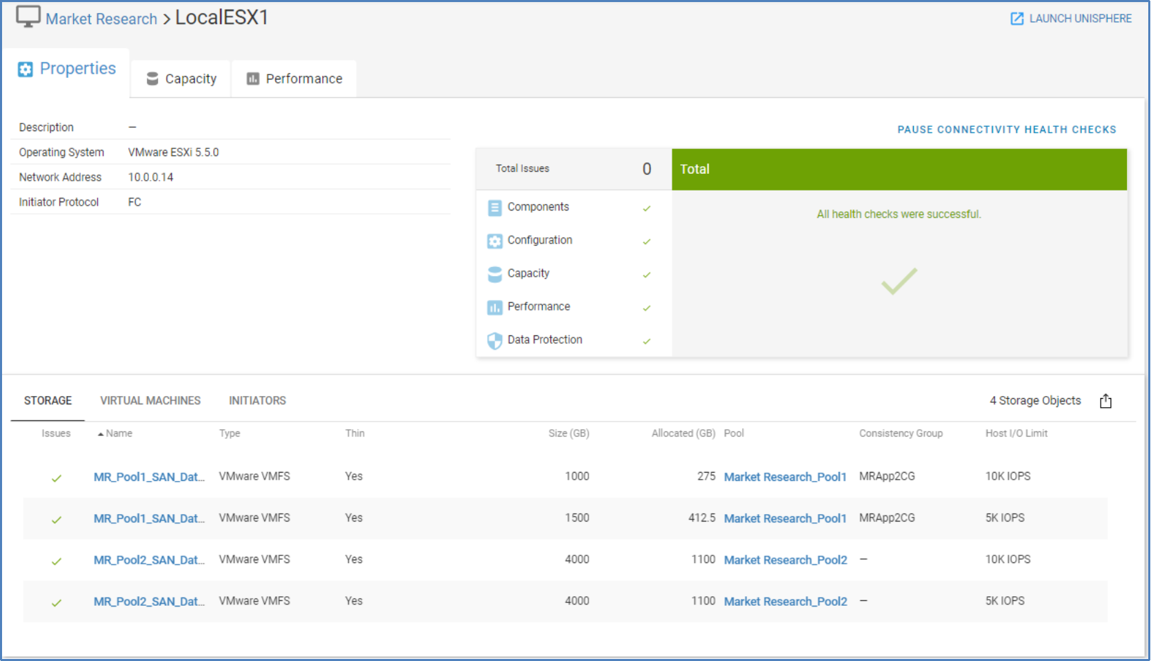 Properties tab for host showing health issues and storage, virtual machines, and initiators tabs.