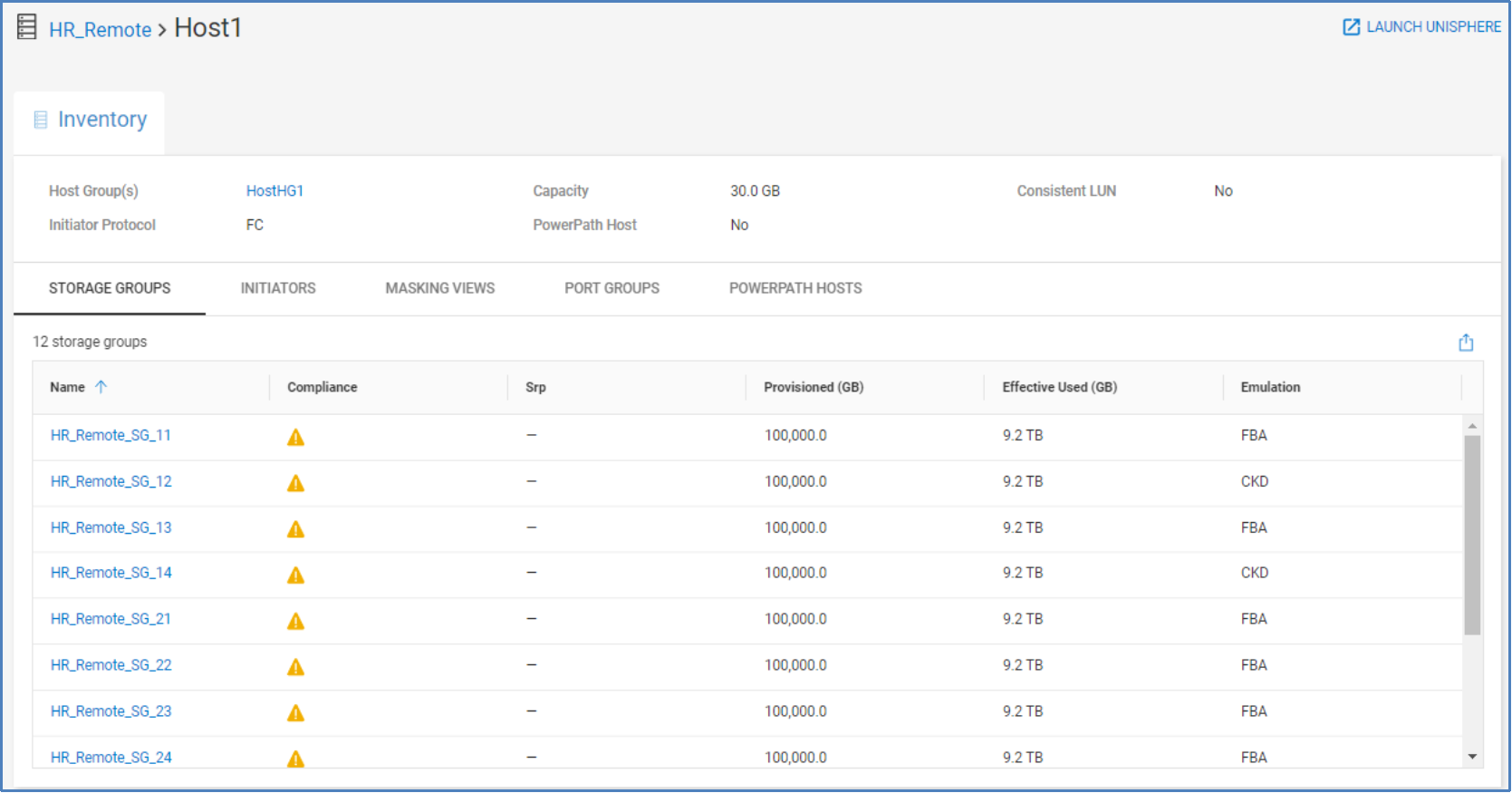 Inventory tab for a host attached to a PowerMax system showing host group, capacity, and storage groups, initiators, masking views, port groups, and powerpath hosts tabs.