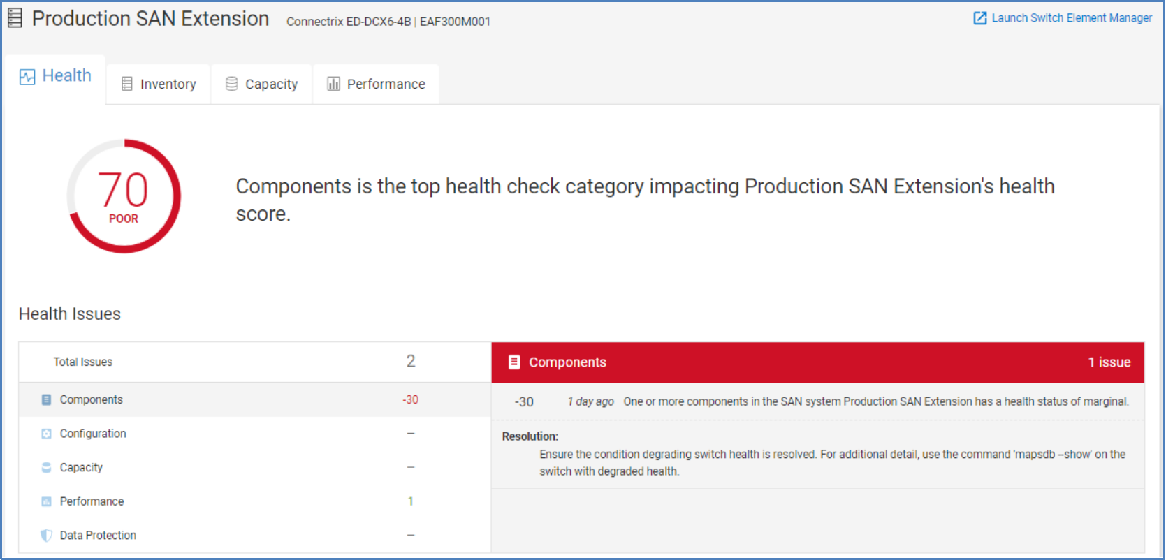 Health tab for Connectrix switch showing proactive health score, issues, and recommended remediation.