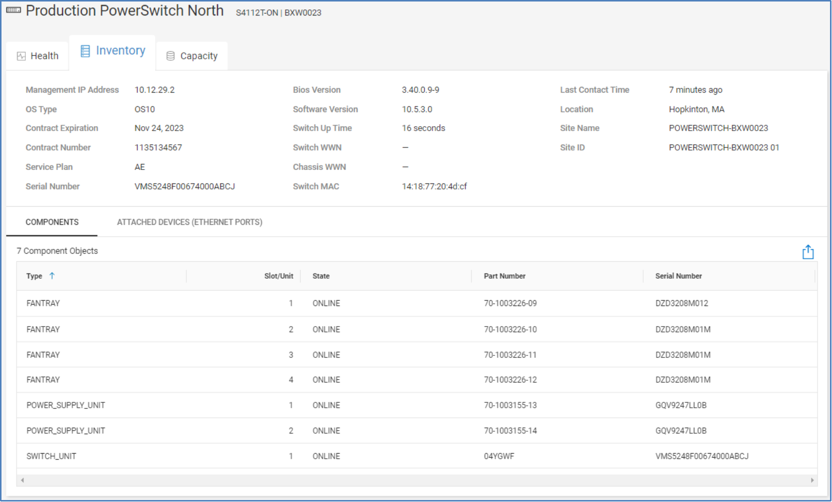 Inventory tab for PowerSwitch device showing contract and service plan information, BIOS and software versions, serial number, site, and location information.