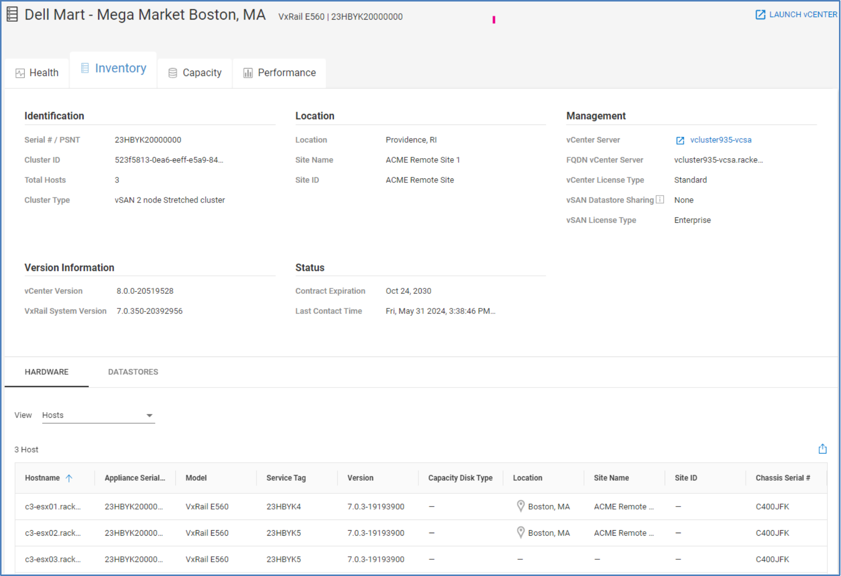 Inventory tab for VxRail cluster showing various attributes such as cluster ID, location information, management information, version information, and contract status.