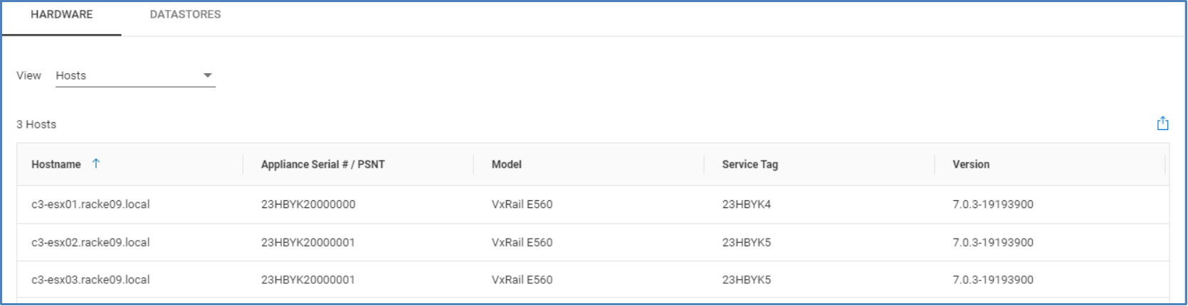 Hosts view under the hardware tab listing each host, serial number, service tag, and version.