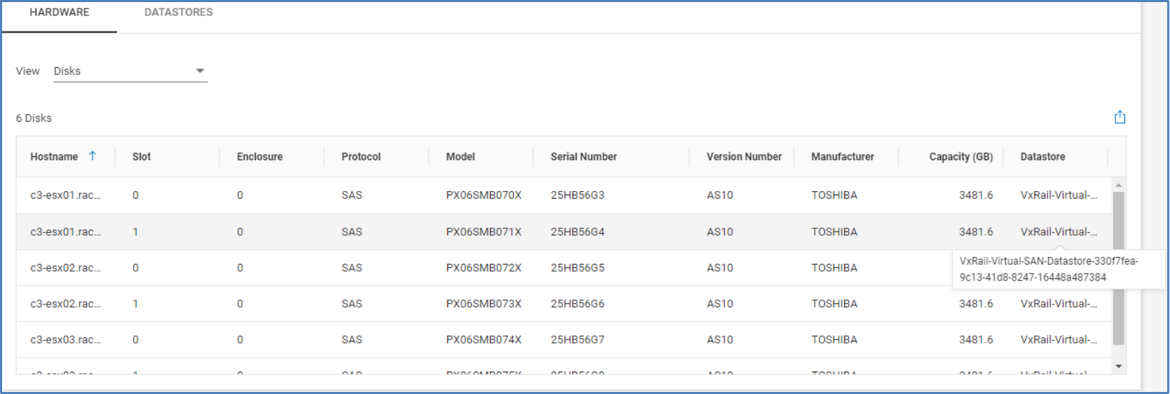 Disks view under the hardware tab listing each disk, slot and enclosure, model, serial number, version, and capacity.