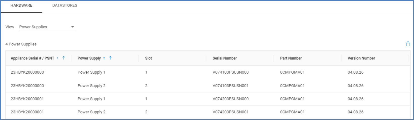 Power supplies view from hardware tab showing each power supply serial number, part number, and version.