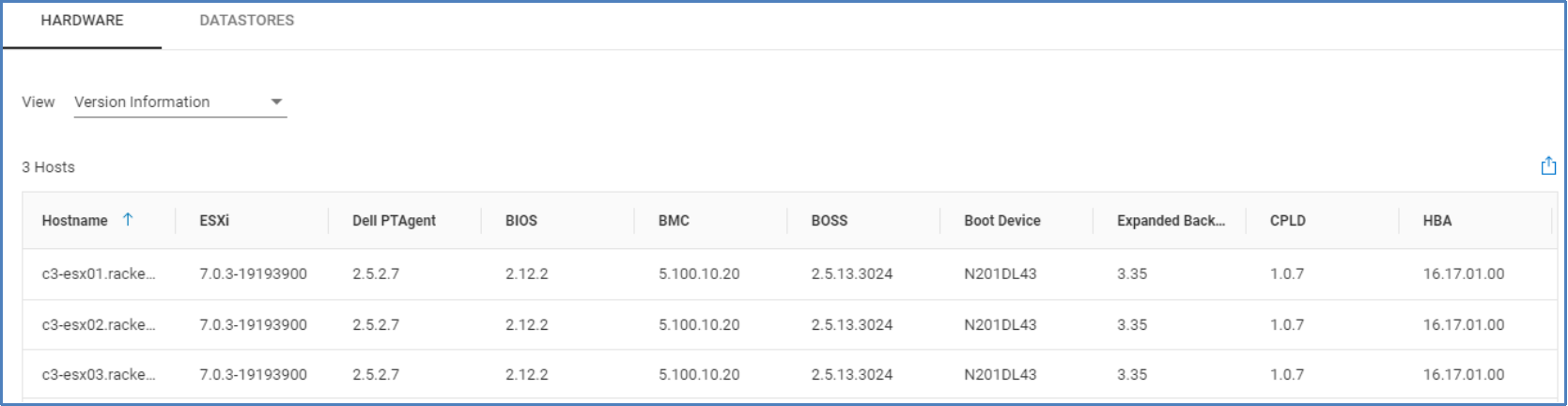 Version information view under hardware tab listing each host, ESXi OS, BIOS, BMC, BOSS, CPLD, and HBA version.