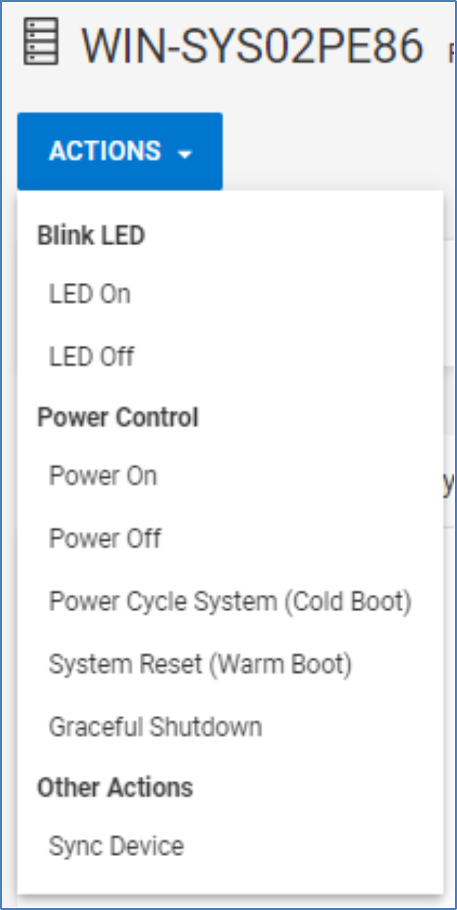 Actions menu for PowerEdge server allowing users to blink LED, power off and on the device, and sync the device data to AIOps Observability.